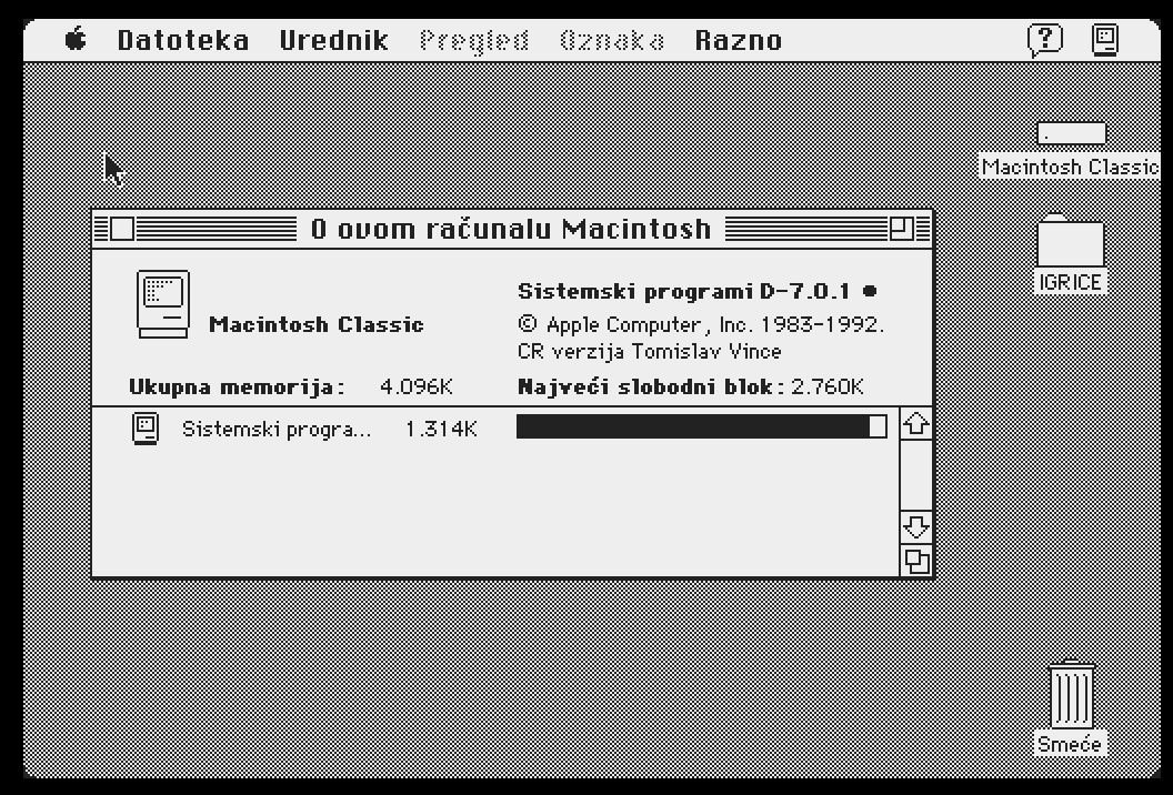 Screenshot of an about screen for System 7.1 croatian version
